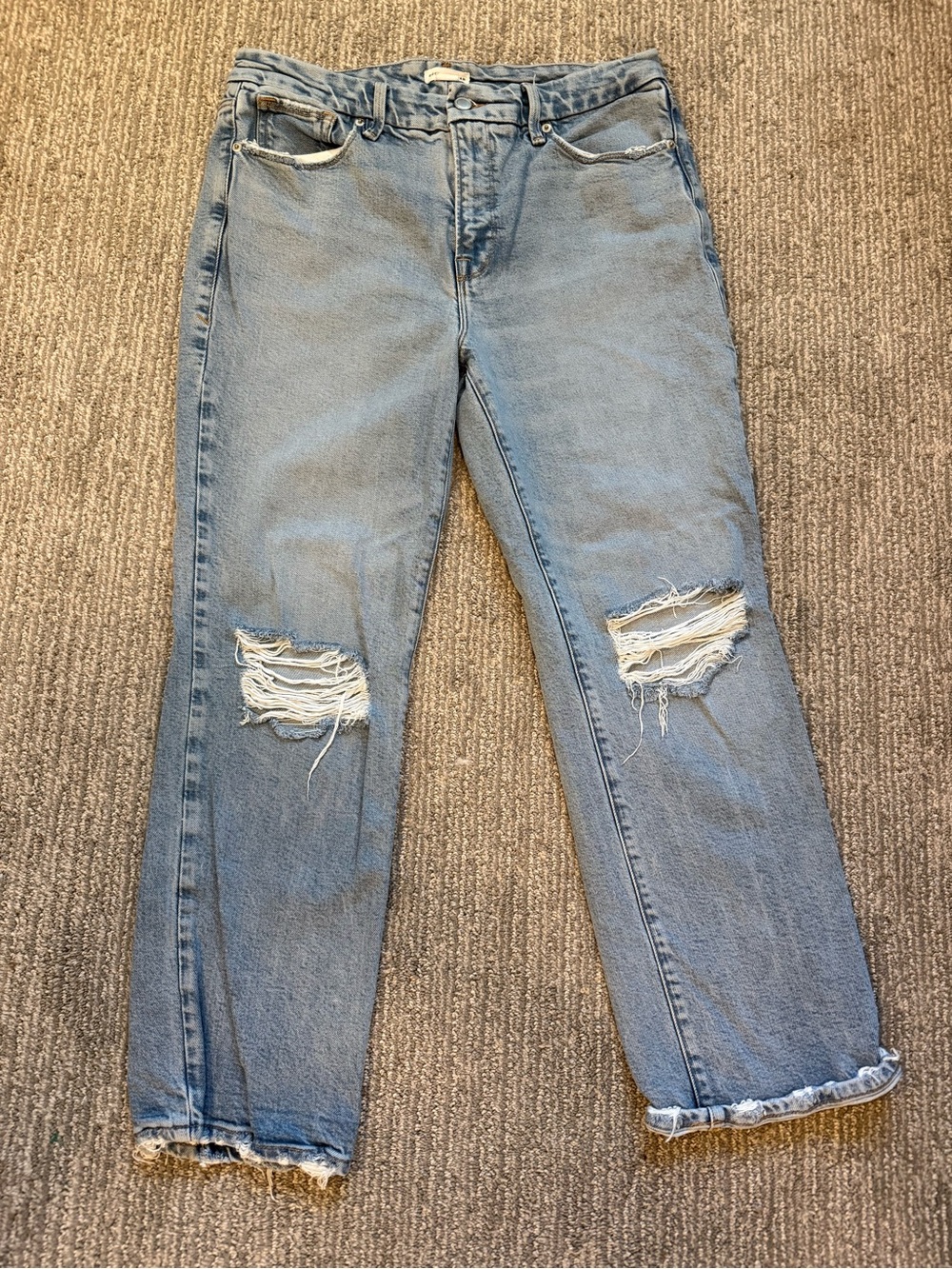 Good American Good Legs Straight Jeans Size 12/31 Indigo Distressed Raw Hem
